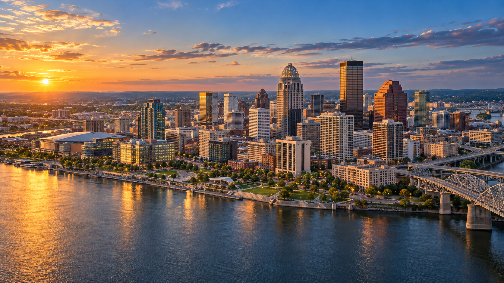 Generated illustration of the Louisville waterfront and skyline at sunset.